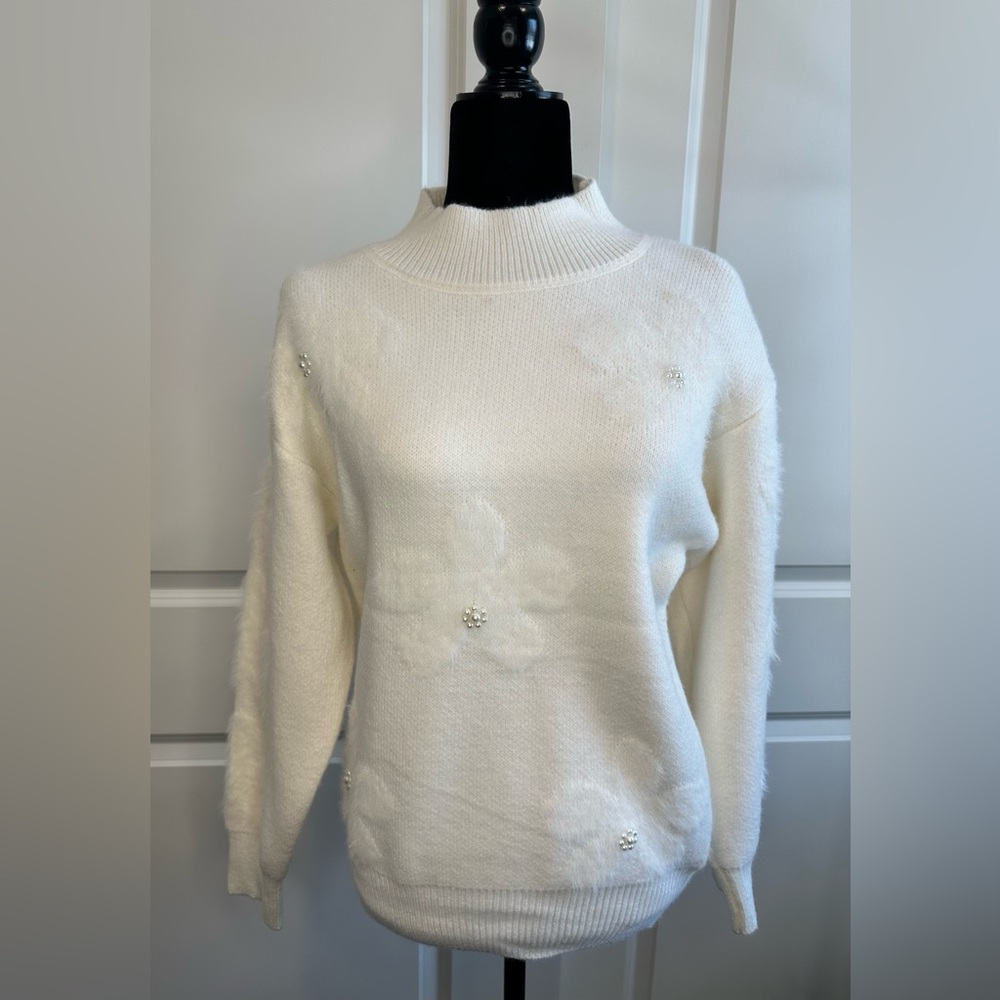 On Blue Luxury style fluffy sweater with pearls.